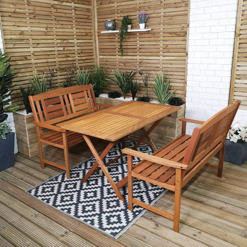 Image of Outdoor 4 Person Folding Rectangular Wooden Garden Patio Dining Table and 2 Benches Set