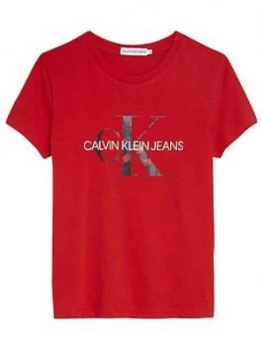 Image of Calvin Klein Jeans Girls Short Sleeve Monogram T-Shirt, Red, Size Age: 14 Years, Women