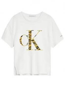 Image of Calvin Klein Jeans Girls Animal CK Flock T-Shirt, White, Size Age: 16 Years, Women