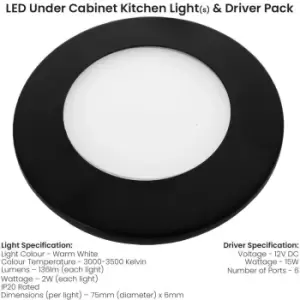 Image of 6x MATT BLACK Ultra-Slim Round Under Cabinet Kitchen Light & Driver Kit - Warm White Diffused LED