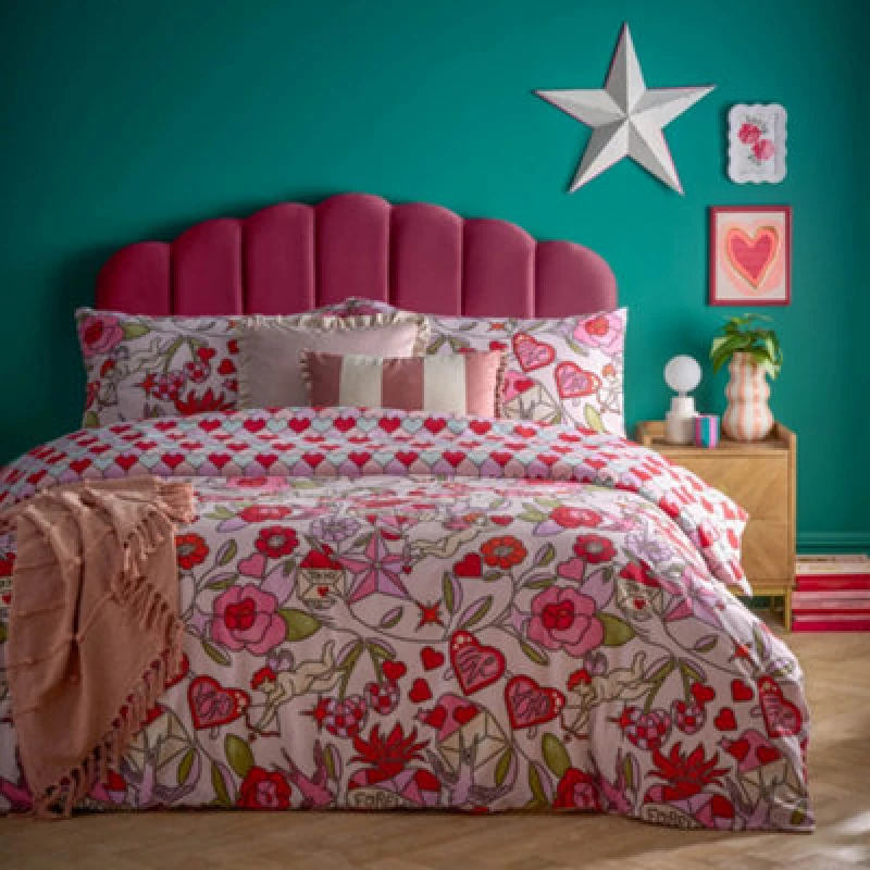 Image of Furn Furn Glass Hearts Printed Duvet Cover Set in Pink Size: Super King Pink Super King Unisex 5025532851604
