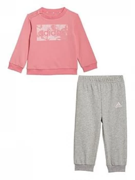 Image of Adidas Infant Girl's Linear Logo Crew & Jog Pant Set, Pink/Grey, Size 9-12 Months, Women