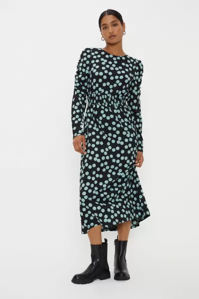 Image of Dorothy Perkins Spot Shirred Waist Long Sleeve Midi Dress Black