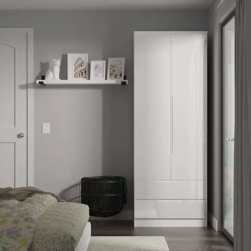 Image of Welcome Furniture Ready Assembled Milan Tall 2 Drawer Wardrobe In White Gloss & White MIL081WGW
