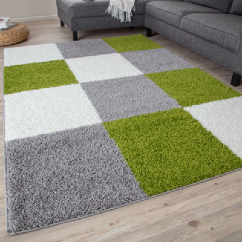 Image of THE RUGS Fluffy & Soft Shaggy Rugs Living Room Rug in Green - Elegant Geometric Design Carpets For Bedrooms & Kitchen 381 Size: 200cm x 290cm Gr