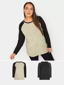 Image of Yours Ls Raglan Tee Contrast 2 Pack. Black Acid & Oatmeal Acid, Natural, Size 14, Women