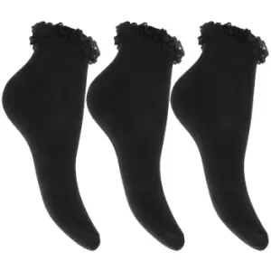 Image of Childrens Girls Ruffled Trim School Socks (Pack Of 3) (UK Shoe 4-5.5 , Euro 37-39 (Age: 13+ years)) (Black)