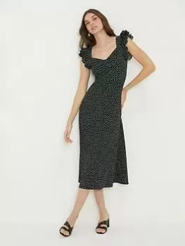 Image of Dorothy Perkins Spot Print Ruffle Sleeve Midi Dress - Black, Size 16, Women