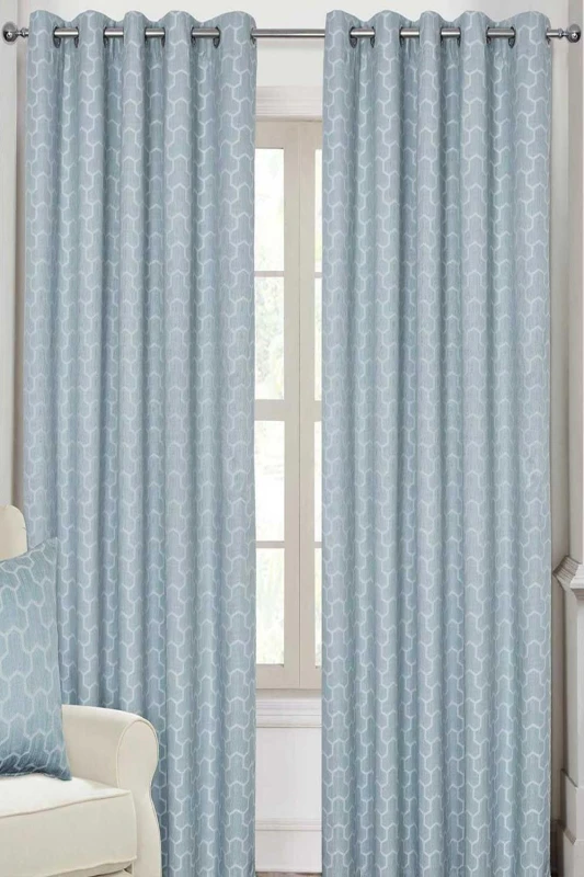 Image of Homescapes Blue Geometric Jacquard Blackout Eyelet Curtain Pair, 66 X 54"