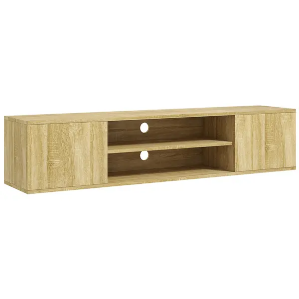 Image of HOMCOM Floating TV Stand Cabinet for TVs up to 60 Inch, Media Entertainment Center with Open Shelf, Storage Cupboard, Natural Wood Effect