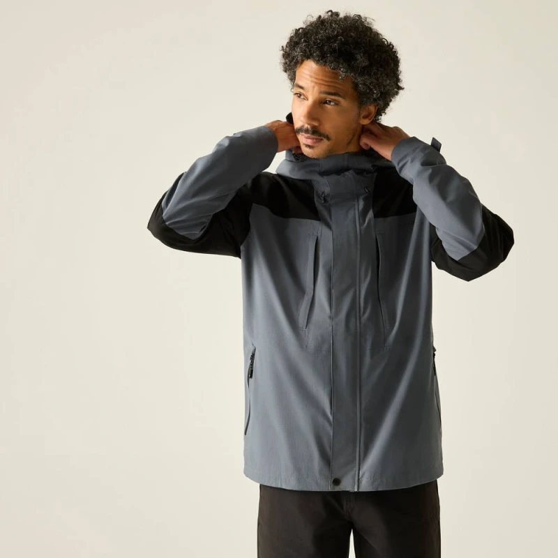 Image of Regatta Mens Freesdale Panelled Hooded Walking Waterproof Jacket in Dark Grey Size: Medium Dark Grey Male M
