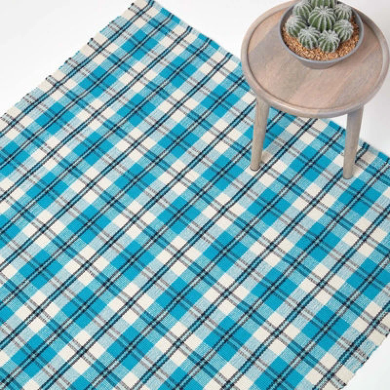 Image of Homescapes Irvine Handwoven Blue Tartan 100% Cotton Rug, 120 X 170 Cm