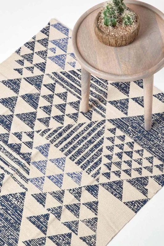 Image of Homescapes Delphi Blue And White Geometric Style 100% Cotton Printed Rug, 160 X 230 Cm
