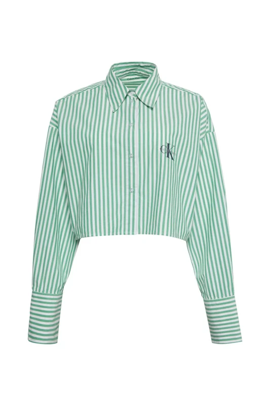 Image of Calvin Klein Mens Cropped Poplin Shirt Penny Stripe Mardi Gras Green Size: Large Green Male L