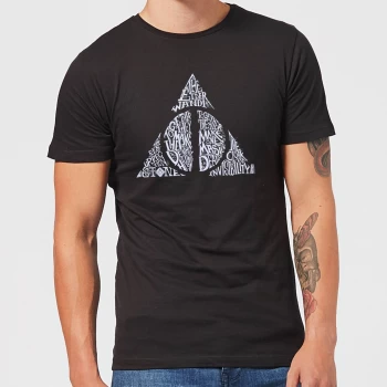 Image of Harry Potter Deathly Hallows Text Mens T-Shirt - Black - 3XL - Black