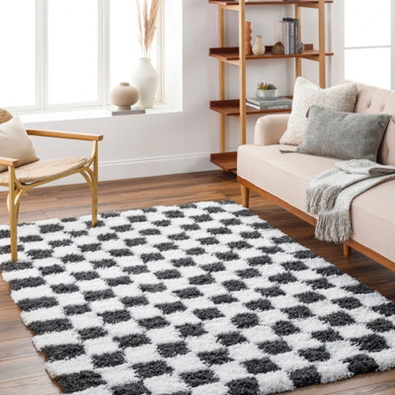 Image of Livabliss Shaggy Modern Plush Pile Black Checkered Willa Area Rug 160 X 220 Cm - Easy Care, Non Shedding, Ideal For Living Room & Bedroom