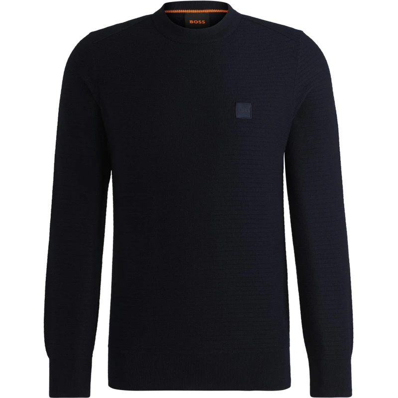Image of Boss Mens Anion Orange Cotton Cashmere Long Sleeve Crew Neck Jumper Dark Blue 404 male S