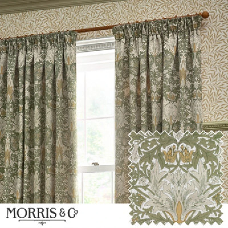 Image of Morris & Co Morris & Co Snakeshead Jacquard Chenille Room Darkening Pencil Pleat Curtains in Stone Size: 117cm width x 137cm drop Stone 117cm width
