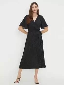 Image of Dorothy Perkins Spot Print Pleated Wrap Midi Dress - Mono, Multi, Size 12, Women