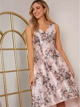 Image of Chi Chi London Sleeveless Floral Print Dip Hem Dress - Pink, Size 12, Women
