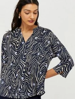 Image of Monsoon Lois Linen Printed Long Sleeve Top - Navy, Size XL, Women