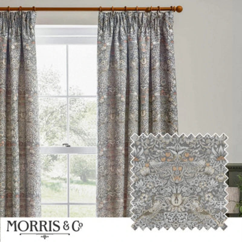 Image of Morris & Co Morris & Co Strawberry Thief Jacquard Jacquard Floral Room Darkening Pencil Pleat Curtains in Beige Size: 117cm width x 183cm drop Beige