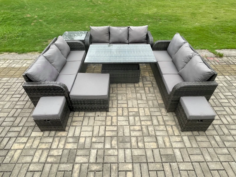 Image of Fimous Garden Dining Sets Outdoor Rattan Furniture Sofa Height Adjustable Rising lifting Table Dark Grey Mixed Dark Grey