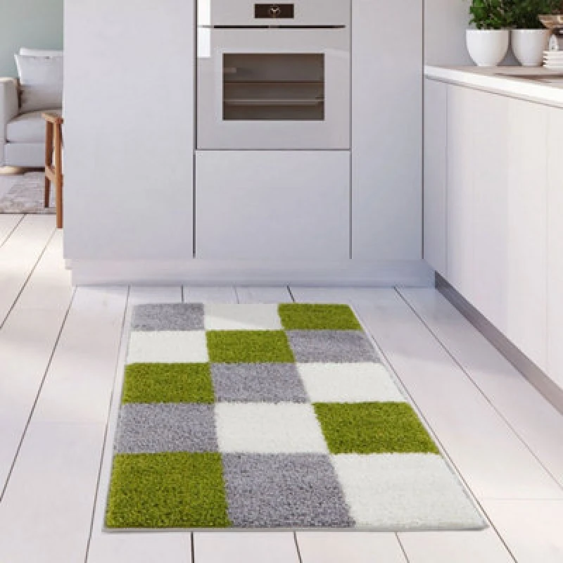 Image of THE RUGS Fluffy & Soft Shaggy Rugs Living Room Rug in Green - Elegant Geometric Design Carpets For Bedrooms & Kitchen 381 Size: 80cm x 150cm Gre