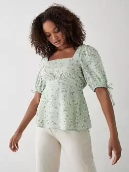 Image of Dorothy Perkins Ditsy Tie Sleeve Tea Blouse - Green, Size 16, Women