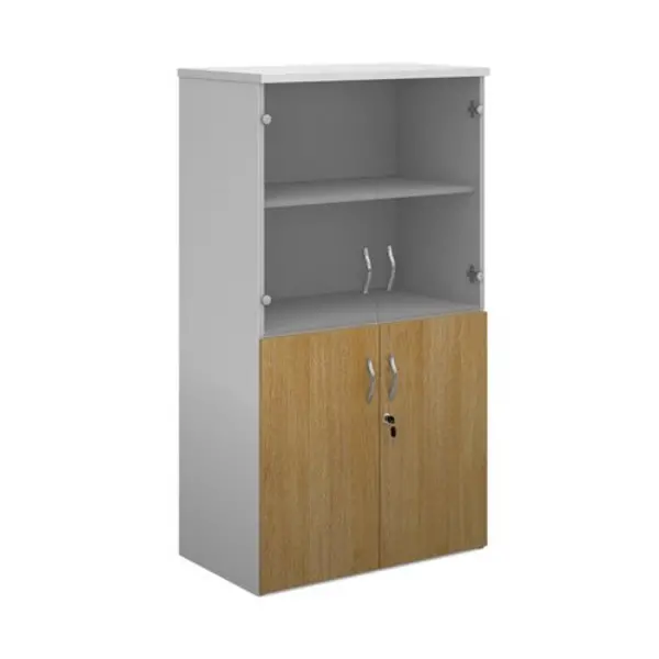 Image of Duo Duo combination unit with glass upper doors 1440mm high with 3 shelves - white with oak lower doors White/Oak R1440COMD-WHO