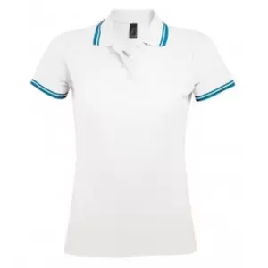 Image of SOLS Womens/Ladies Pasadena Tipped Short Sleeve Pique Polo Shirt (XL) (White/Aqua Blue)
