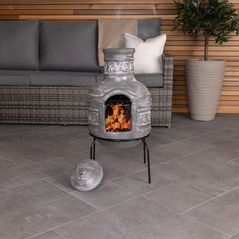Image of Charles Bentley Leaf Motif Clay Chiminea BBQ Grill Leaf Design Rain Lid Grey