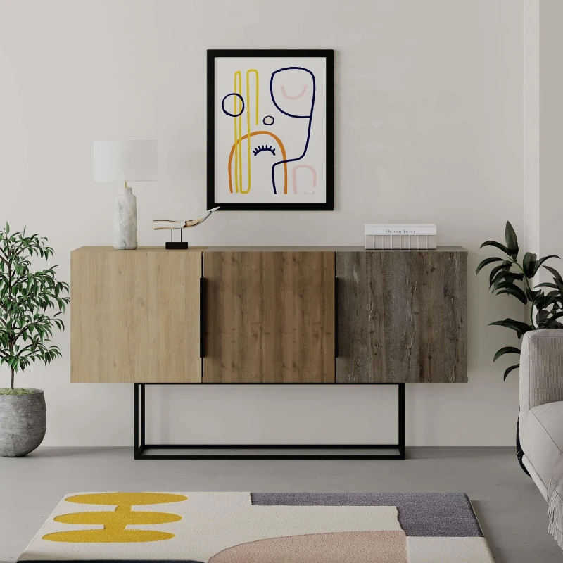 Image of Decortie 3-Doors Sideboard 'Tontini' Metal Handle, Metal Leg Storage Cabinet 150cm in Brown Size: 2 Pack Brown Unisex 2 Pack