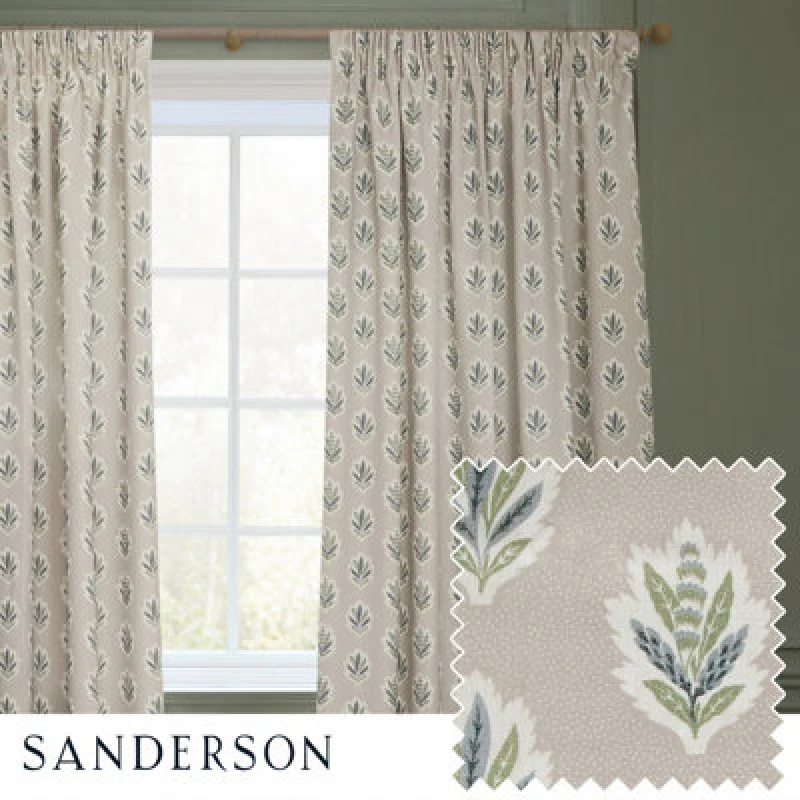 Image of Sanderson Sanderson Sessile Leaf Printed Room Darkening Pencil Pleat Curtains in Light Blue Size: 168cm width x 183cm drop Light Blue 168cm width x