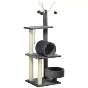 Image of PawHut 121cm Cat Tree Tower for Indoor Cats Kitten Activity Center Scratching Post with Bed Tunnel Perch Interactive Ball Toy, Grey