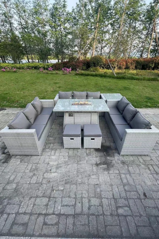 Image of Fimous U Shape Lounge Sofa Dining Set With Gas Heater Firepit Burner Dining Table Side Coffee Tea Table Light Grey