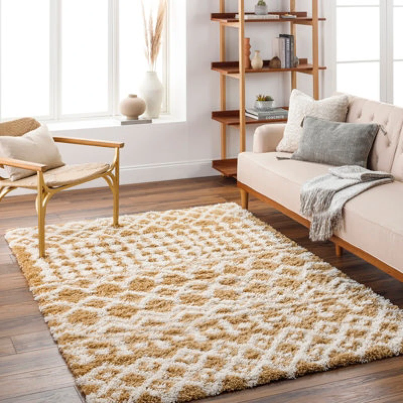 Image of Livabliss Shaggy Geometric Plush Pile Camel Nour Area Rug 160 X 220 Cm - Easy Care, Non Shedding, Ideal For Living Room & Bedroom
