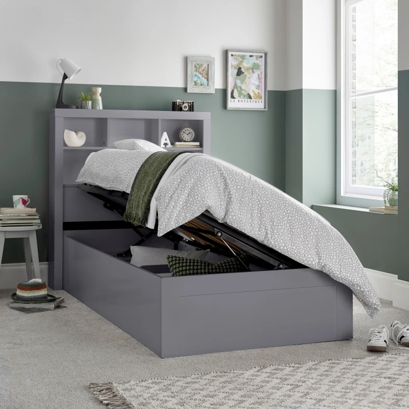 Image of Bedmaster Bedmaster Oscar Wooden Bookcase Ottoman Storage Bed And Memory Maestro Memory Foam Mattress in Grey Size: Single Grey Single Unisex 950367