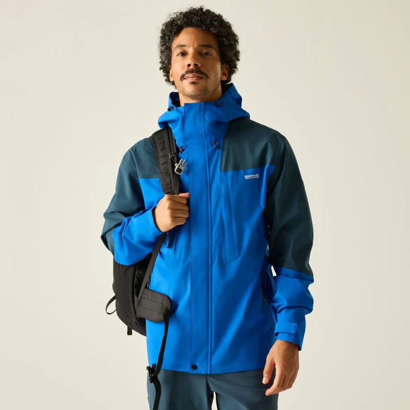 Image of Regatta Mens Freesdale Panelled Hooded Walking Waterproof Jacket in Blue Size: Medium Blue Male M