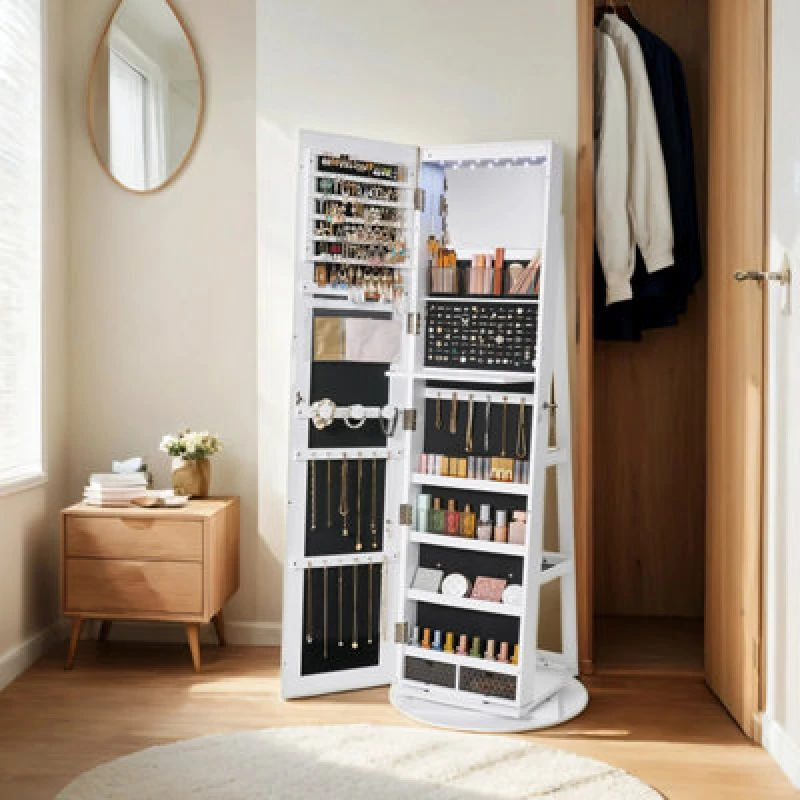 Image of LEDREM Full-Length Mirror Jewellery Cabinet With 6 Leds, Free-Standing Frameless Design, Lockable, White Surface, Black Lining