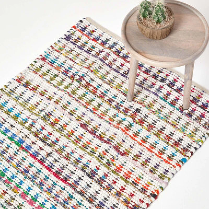 Image of Homescapes Handwoven Multi Coloured 100% Cotton Diamond Chindi Rug, 90 X 150 Cm