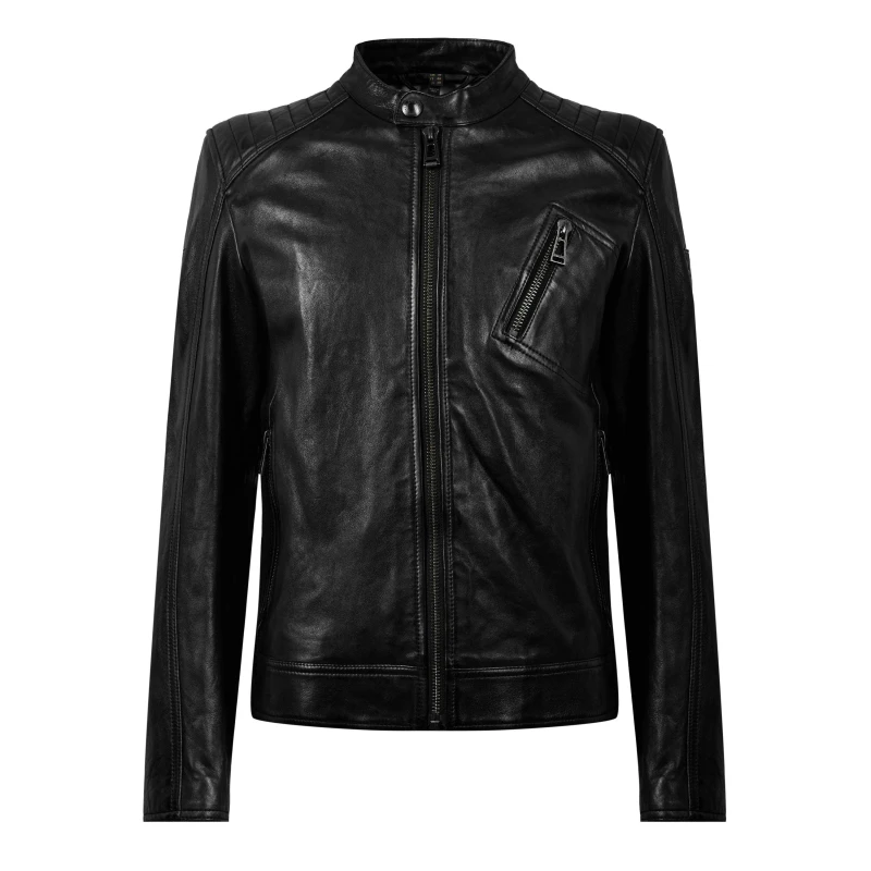 Image of Belstaff Mens V Racer Water-Repellent Leather Long Sleeve Slim Fit Leather Jacket Black male M (48)