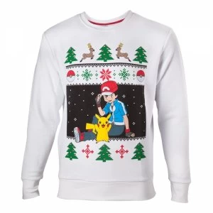 Image of Pokemon Mens Ash & Pikachu Medium Christmas Jumper