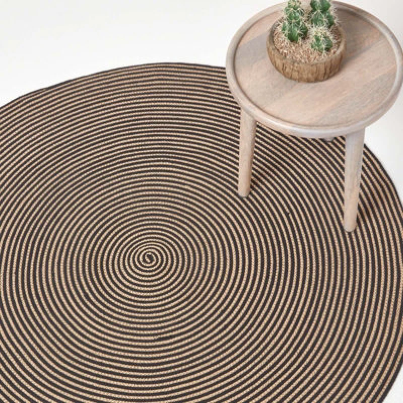 Image of Homescapes Linen And Black Handmade Woven Spiral Braided Rug, 120 Cm Round