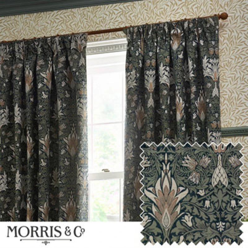 Image of Morris & Co Morris & Co Snakeshead Jacquard Chenille Room Darkening Pencil Pleat Curtains in Indigo Size: 117cm width x 137cm drop Indigo 117cm widt