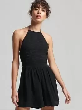 Image of Superdry Vintage Smocked Playsuit -black, Black, Size 14, Women
