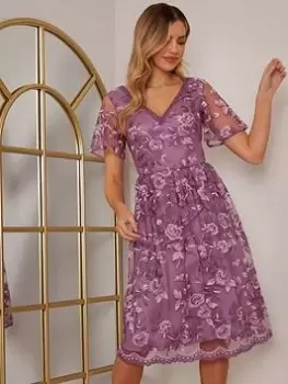 Image of Chi Chi London V Neck Embroidered Midi Dress In Purple, Purple, Size 10, Women