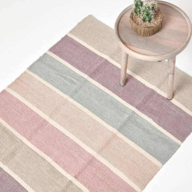 Image of Homescapes Cotton Chenille Striped Rug Blue Beige Purple Grey Natural, 45 X 70 Cm