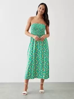 Image of Dorothy Perkins Ditsy Shirred Bodice Bandeau Midi Dress - Green, Size 12, Women