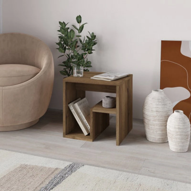 Image of Decortie Bon Square End Table Open Shelf Storage, G-Shaped Coffee Table 40X40Cm Chipboard For Living Room Bedroom(Dark Oak Effect)